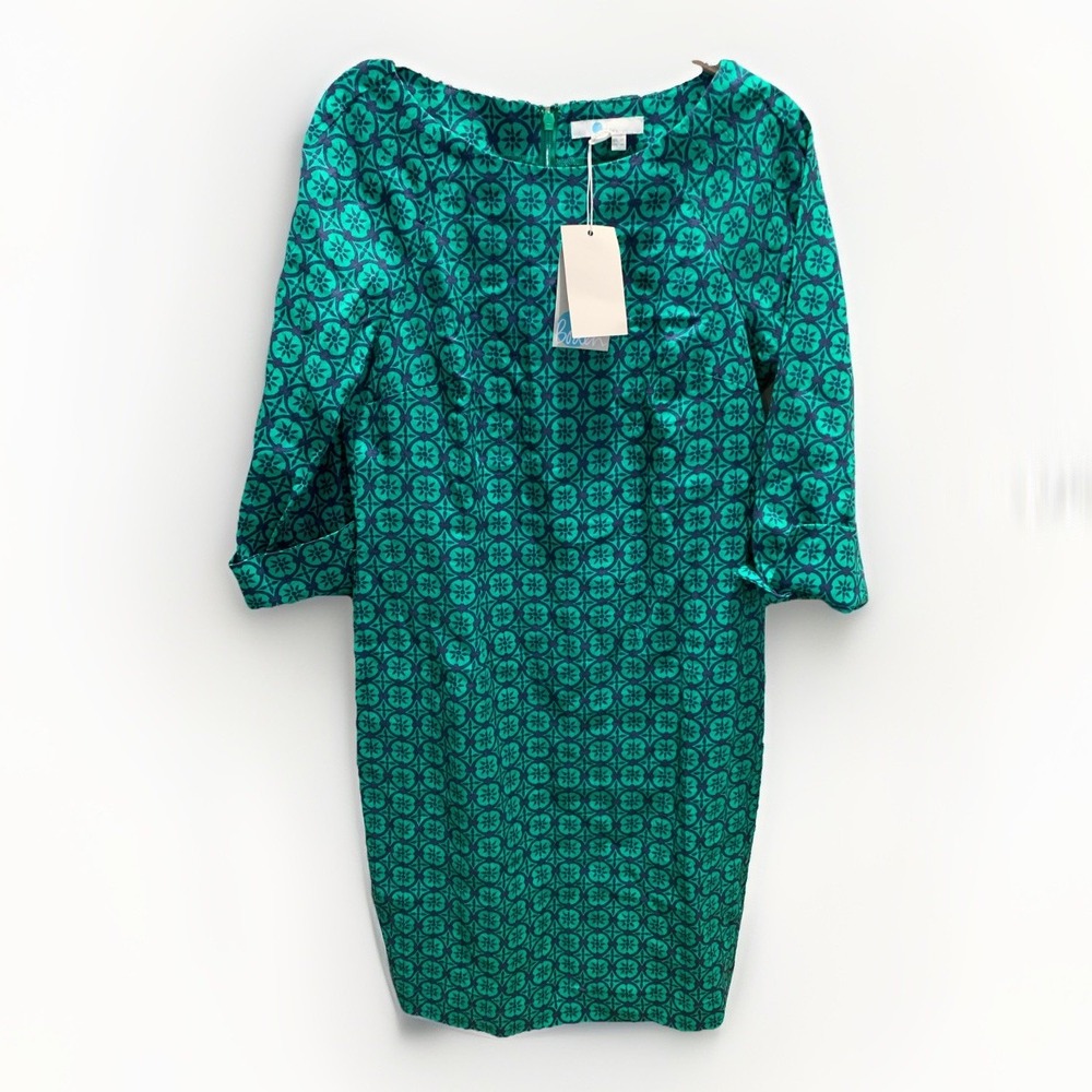 Boden linen shift dress emerald green/blue geometric 3/4 sleeve NWT Size 8L